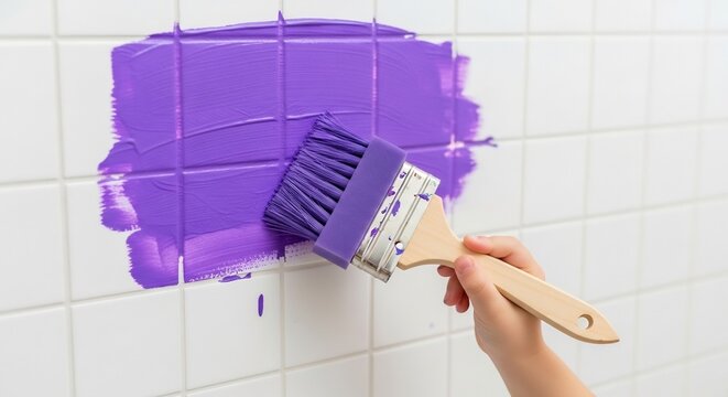 child hand painting purple color on white wall tiles with a brush