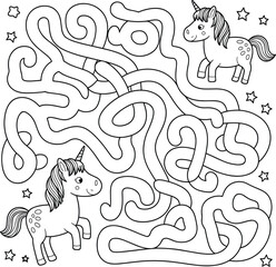 Unicorn maze puzzle for kids activity, logic game with cute magical horse stars line vector art © MdMajnur