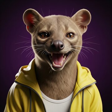 Close up of a friendly anthropomorphic fossa character wearing a trendy yellow zipper hoodie and white t-shirt, smiling with mouth open against a solid purple background