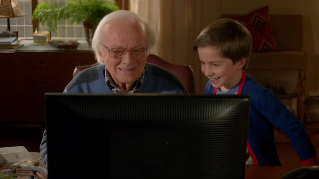 Grandfather and grandson intently watching a computer screen, bridging the generational gap through shared digital experiences and technology literacy in a home setting
