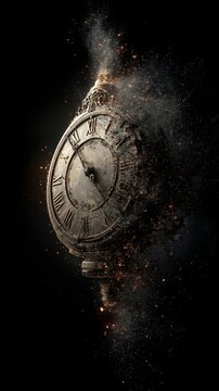 Vintage clock disintegrating into dust against black background