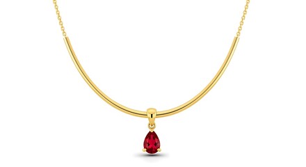 Minimalist gold curved bar necklace with a single pear-shaped ruby pendant, elegant and modern.