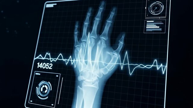 An x-ray of a hand with a graph reading displayed on a monitor with a black background
