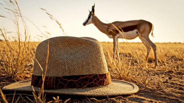Straw hat in savanna with springbok in the background
