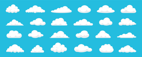 Silhouette of various white cloud shapes on a blue background