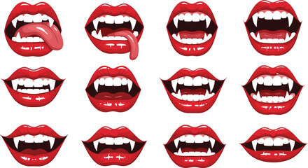 Vampire mouth with fangs, red lips, spooky teeth, halloween vector, gothic smile, bloody tongue, horror dental art, demonic grin.