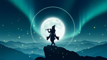Fototapeta premium Silhouette of Lord Krishna Playing Flute on Mountain Under Full Moon, Spiritual Hindu Mythology Illustration for Meditation, Devotion, Faith, Indian Culture and Sacred Serenity