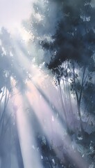 Ethereal sunrise forest illustration tranquil scene soft pastel colors magical light textures serene landscape