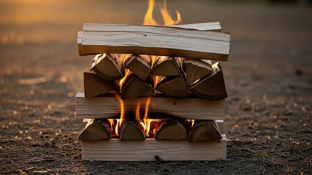 A meticulously stacked wood pile with flames flickering between the layers outdoors