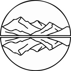 Circular depiction of mountains reflected in water below