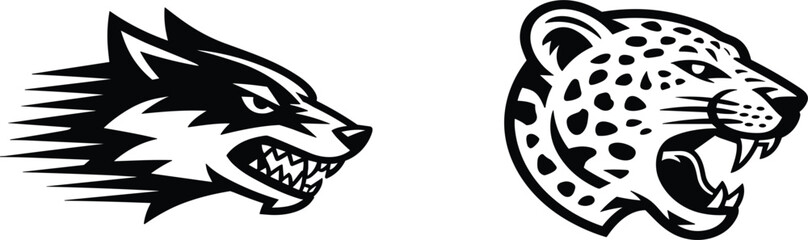 Wolf and leopard head mascot set, wild animal predator forest wildlife safari power strength speed athlete sport vector illustration © MdMajnur