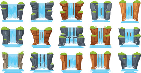 Vector flat cartoon waterfall collection, different mountain river cascades, nature landscape water flow, tropical jungle canyon cliffs, outdoor stream. © MostMonira