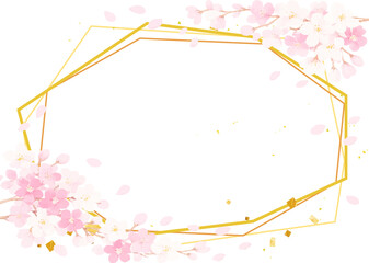 水彩風の桜とゴールドのフレーム素材　あしらい　ベクター