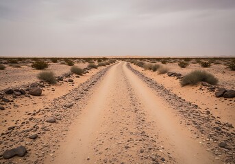 Fototapeta premium Straight path into desert landscape under an overcast sky on a cloudy day