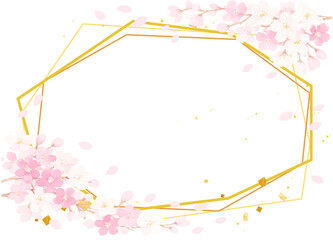 水彩風の桜とゴールドのフレーム素材イラスト　あしらい