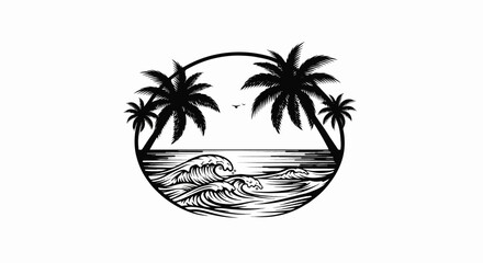 Obraz premium Circular emblem with silhouettes of palm trees and ocean waves