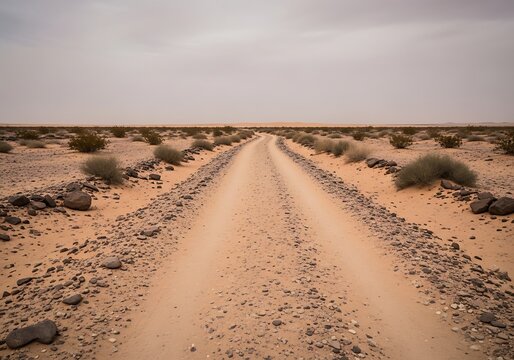 Straight path into desert landscape under an overcast sky on a cloudy day