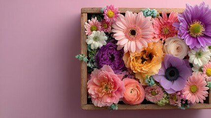Wooden box overflowing with colorful spring flowers on pastel background