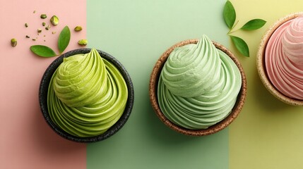Pistachio ice cream on solid monochrome background