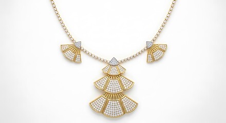 Gold necklace with tiered fan pendant, sparkling diamonds and Art Deco inspired design