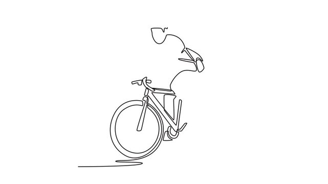 A man with a briefcase rides a bicycle go to work. Bike to work concept. Single line draw design. Full length animation illustration. High quality 4k footage