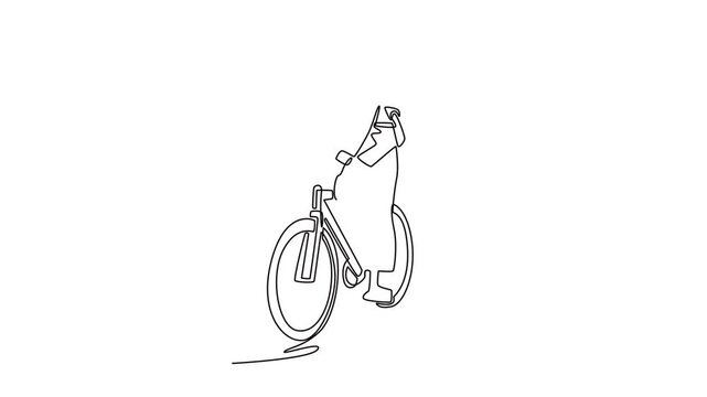 A young man riding a bicycle in formal clothes came to work. Bike to work concept. Single line draw design. Full length animation illustration. High quality 4k footage