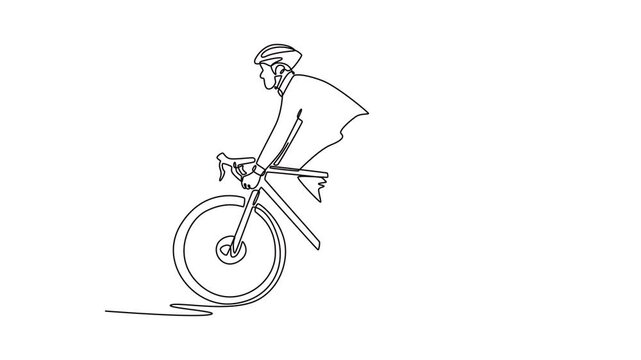 businessman riding a bicycle with a helmet. Bike to work concept. Single line draw design. Full length animation illustration. High quality 4k footage