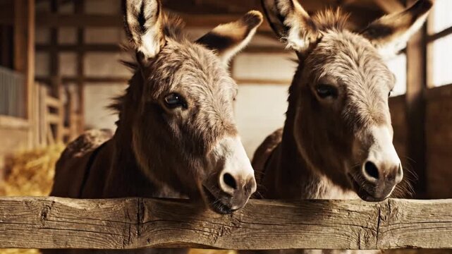 Two donkeys with brown fur and distinctive ears peer over a weathered wooden fence inside a barn
