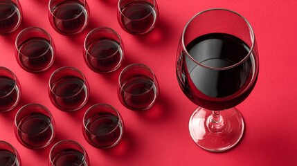 Red wine glass surrounded by multiple smaller glasses filled with dark liquid on a vibrant red background, showcasing a visually striking arrangement of drinkware