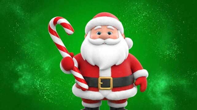 Digital illustration of Santa Claus holding a candy cane against a green background with a festive mood.