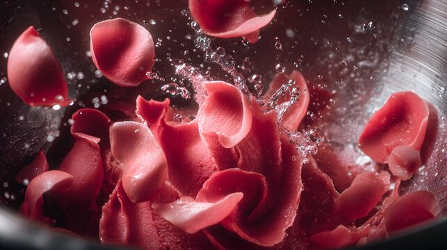Dynamic splash of crimson botanical petals with crystalline water droplets exhibiting fluid dynamics and surface tension