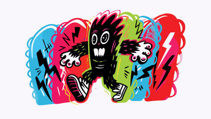 Fototapeta premium Colorful graffiti monster runs with vibrant lightning bolts in background expressing energy and movement in a dynamic urban art style