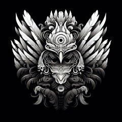 Fototapeta premium Intricate Black and White Skull with Ornate Wings and Gothic Ornamentation