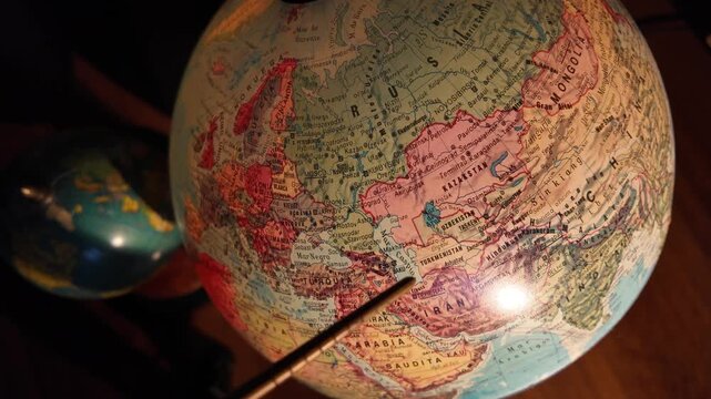 Turkmenistan world map with pointer indicating country in Central Asia