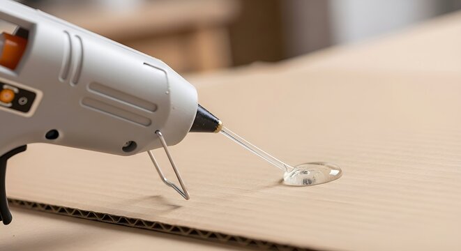Hot Glue Gun Dispensing Clear Adhesive onto Cardboard Surface for Crafting and DIY Projects