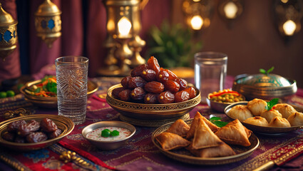 Fototapeta premium Festive plate full of dates at iftaar , Ramadan special 