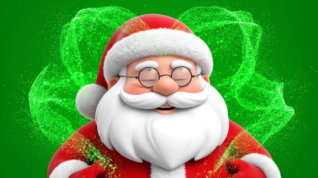 Cartoon Santa Claus wearing glasses on a green background with swirling patterns