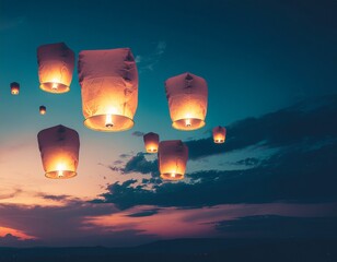 Glowing paper sky lanterns floating into a deep twilight sky over a silhouetted horizon during a traditional celebration or festival