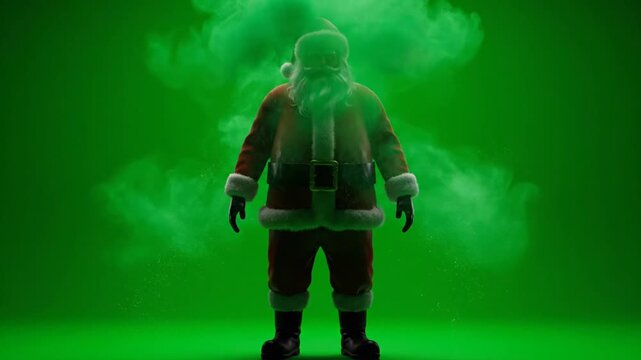 Full-body shot of Santa Claus standing against a green background with smoke effects and a festive mood.