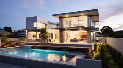 Fototapeta premium Luxurious contemporary two-story glass-walled residence overlooking a lit rectangular pool at dusk