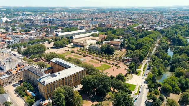 Metz, France. Esplanade Garden. View of the historical city center. Summer, Sunny day. Drone footage, Point of interest