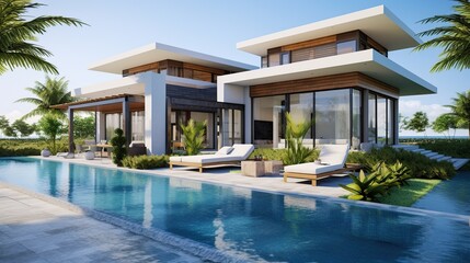 Fototapeta premium Luxurious contemporary waterfront villa with glass walls, pool, and palm-lined tropical scenery
