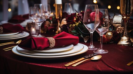 Luxurious Formal Dinner Table Setting with Crystal Glassware, Gold Flatware, and Candlelight Ambiance