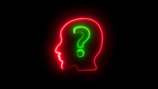 Abstract neon design of a man&rsquo;s head with a question mark symbol, shining on a dark background.4k video