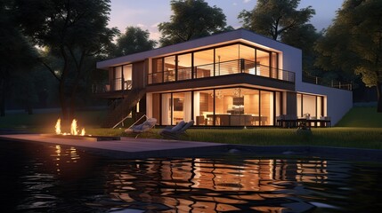 Fototapeta premium Luxurious Modern Glass-Walled Lakeside Waterfront Home at Night with Fire Pit