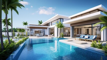 Fototapeta premium Luxurious tropical resort villa with expansive pool, palm trees, and modern architecture