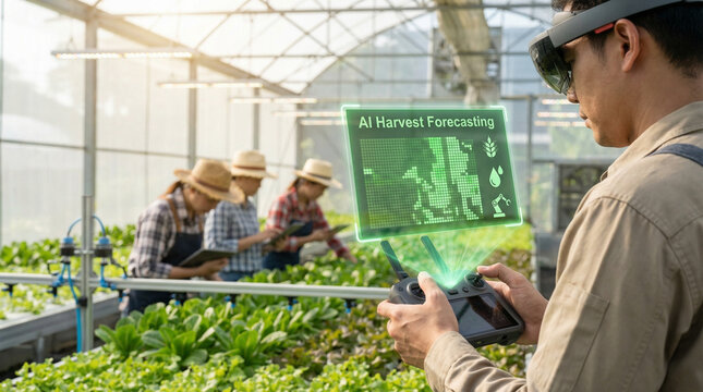 Farmer using drone controller with AI harvest forecasting hologram. Smart farming technology in greenhouse with workers. Agritech concept