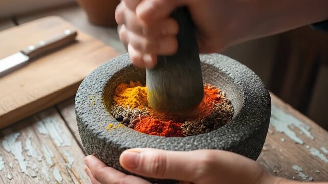 Grinding spices in mortar and pestle: turmeric, paprika, coriander seeds, black pepper