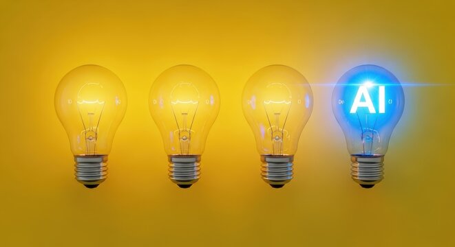 Row of glowing light bulbs with AI innovation concept illuminated blue bulb on yellow gradient background futuristic idea