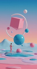 A bizarre and impossible landscape featuring floating geometric shapes and vibrant, melting colors, perfect for artistic design use ,geometry ,surreal ,melting